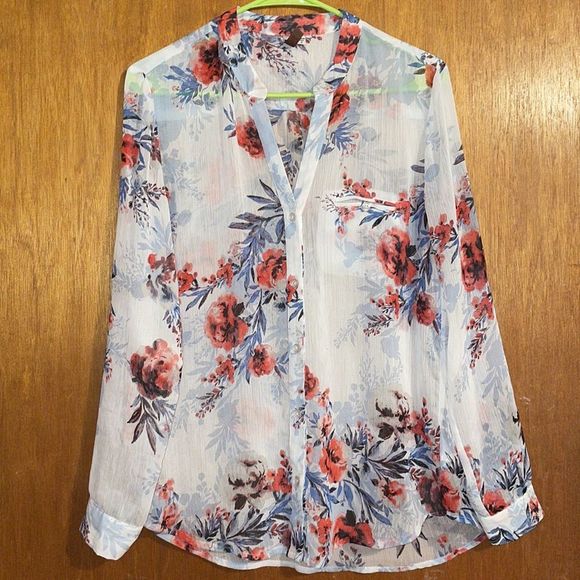 •KUT FROM THE KLOTH•WHITE SHEER FLORAL BUTTON UP CONVERTIBLE SLEEVE BLOUSE MED. - Picture 2 of 10